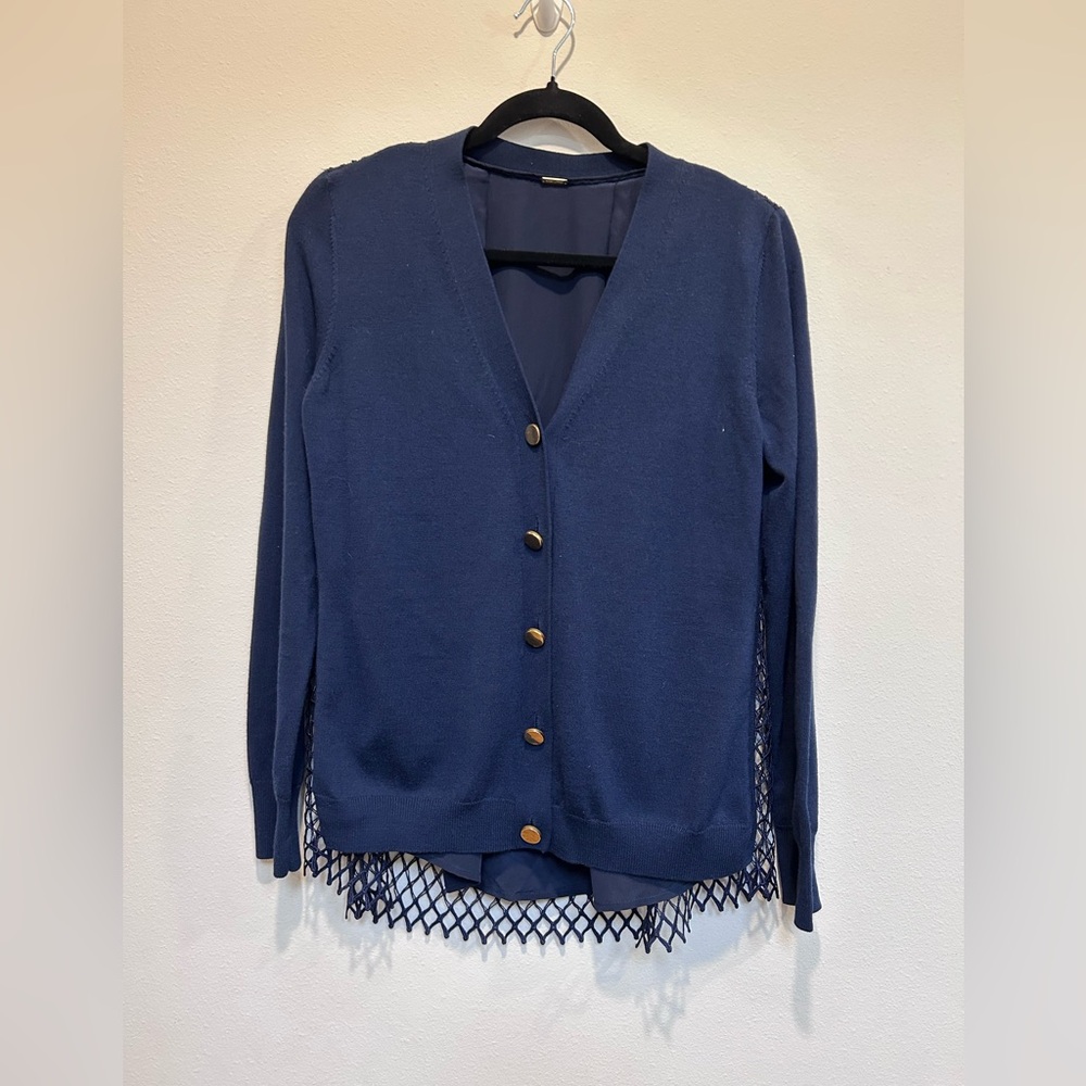 Elegant Adam Lippes Navy Cardigan with Mesh, Wool and Silk, size M